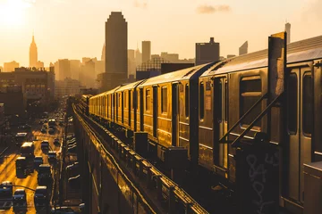 Printed roller blinds American Places Subway Train in New York at Sunset