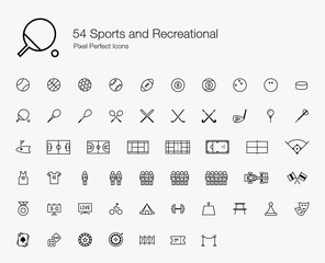 54 Sports and Recreational Pixel Perfect Icons (line style)