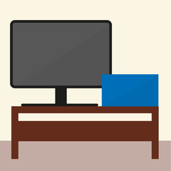 Simple colorful icon for shop - table with monitor and a blue bo