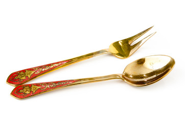 Ancient brass spoon and fork