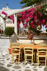 Fototapeta na wymiar Restaurant under flowering trees in street of Chora Mykonos