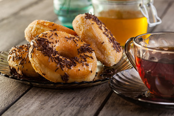 Breakfast with donuts and honey