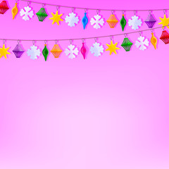 Festive purple background with a garland of paper Christmas toys