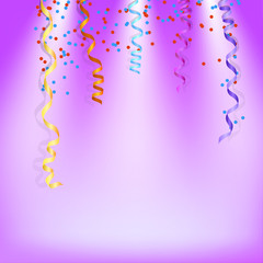 Purple background with shiny streamers and confetti. Vector illu