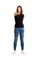 Obraz premium Angry brunette pointing finger at camera
