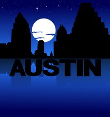 Austin skyline reflected with text and moon illustration