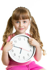 Girl displaying seven o'clock time in studio isolated