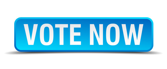 Vote now blue 3d realistic square isolated button