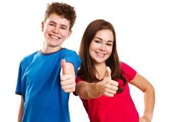Teenage girl and boy showing OK sign isolated