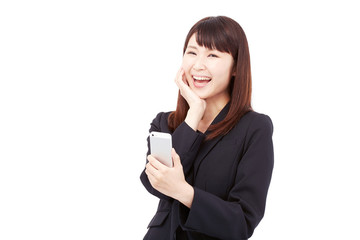 Fototapeta premium スマートフォンを持って笑うビジネスウーマン