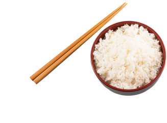 A bowl of rice and a pair of chopstick over white background