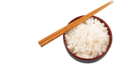 A bowl of rice and a pair of chopstick over white background