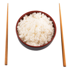 A bowl of rice and a pair of chopstick over white background