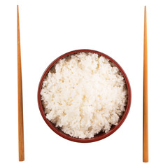 A bowl of rice and a pair of chopstick over white background