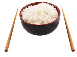 Fototapeta na wymiar A bowl of rice and a pair of chopstick over white background