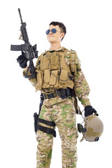 Soldier raising up rifle or sniper with white background