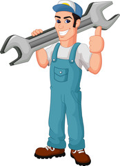 Funny mechanic holding wrench and giving thumbs up