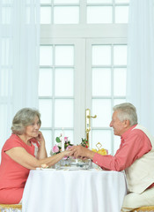 Happy elderly couple having dinner