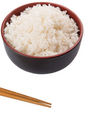 A bowl of rice and a pair of chopstick over white background