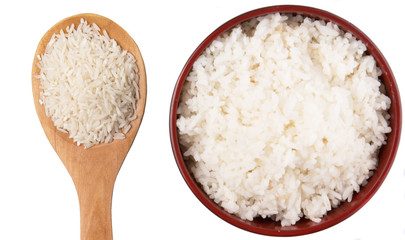 Raw and cooked rice over white background