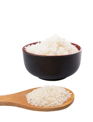 Raw and cooked rice over white background