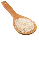 Fototapeta na wymiar Raw and uncooked rice in wooden spoon over white background