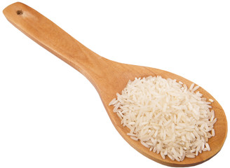 Raw and uncooked rice in wooden spoon over white background