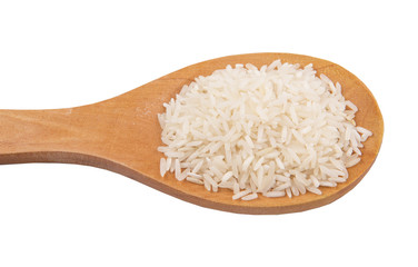 Raw and uncooked rice in wooden spoon over white background