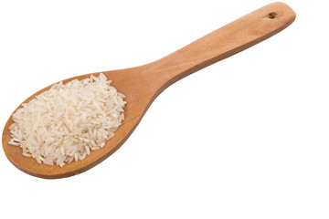 Raw and uncooked rice in wooden spoon over white background