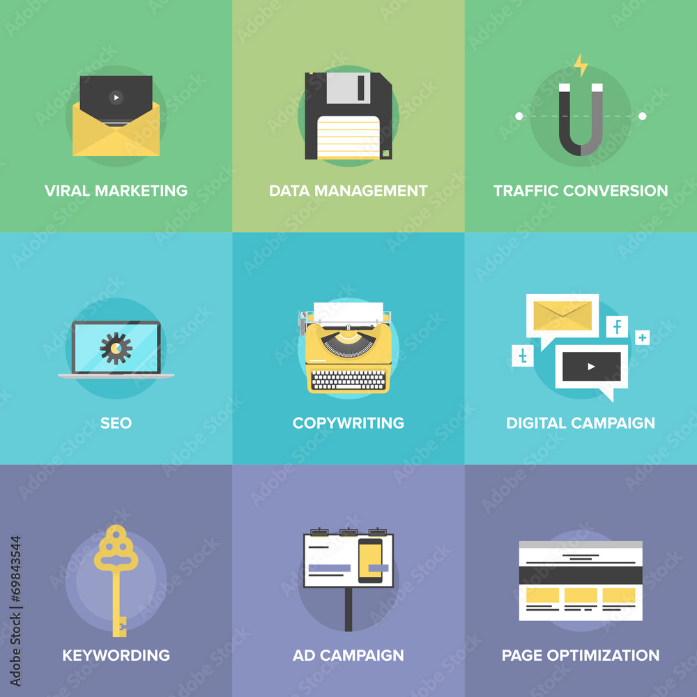Aufkleber digital marketing and web optimization flat icons