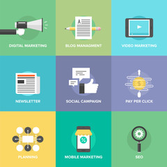 Social media marketing and development flat icons