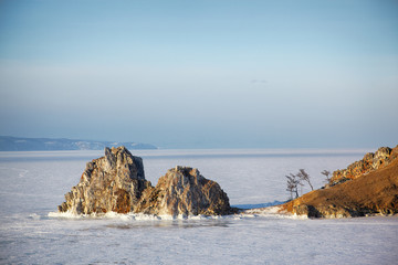 Fototapeta na wymiar Rock Shamanka on Olkhon island in lake Baikal in winter