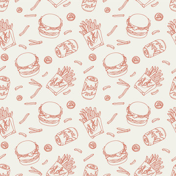 Hand drawn fast food doodle pattern
