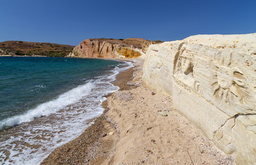 Carved figures in Kalamitsi beach, Kimolos island, Greece