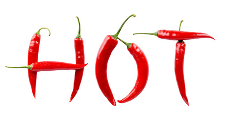 Inscription Hot made from red chilli peppers isolated white