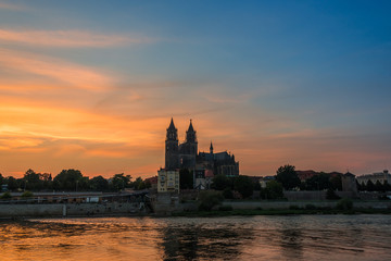 Cathedral of Magdeburg at the river Elbe at sundown, Magdeburg