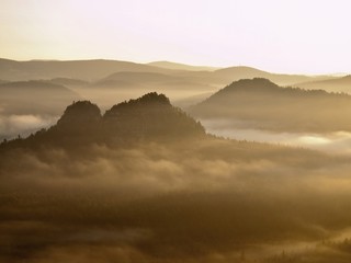 Fototapeta na wymiar Hills in misty daybreak magical land. 