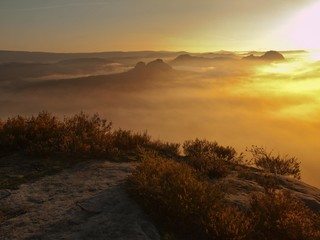 Misty valley over tufts of heather. Hill peaks increased  fog
