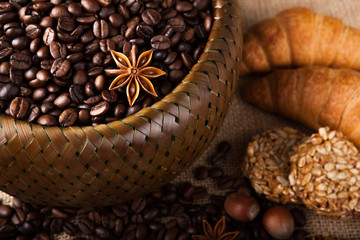 roasted coffee beans in a bamboo basket