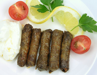 Turkish cuisine. Homemade Sarma - Rice wrapped in vine leaves