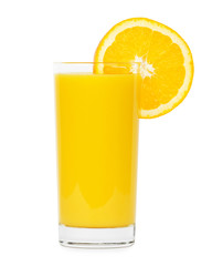 Fresh orange juice and slice of orange on white background