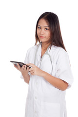 Asian young female doctor hold tablet pc look at camera