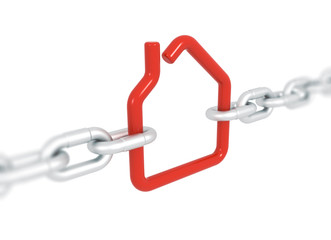 Red house symbol blocked with metal chains deep of field