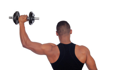 Fototapeta na wymiar Muscled man back training with dumbbells