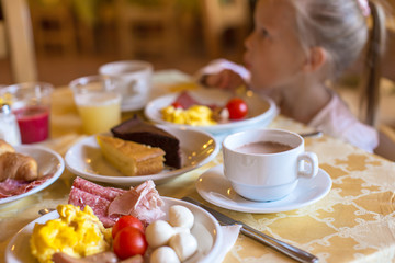 Delicious breakfast with omelet, coffee, cheese and traditional