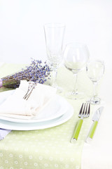 Dining table setting with lavender flowers