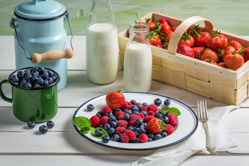 Fresh berry fruits with milk
