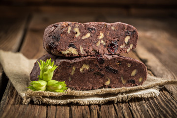 Closeup of homemade chocolate with hazelnuts