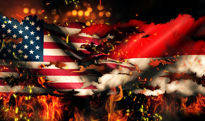 USA Indonesia National Flag War Torn Fire International Conflict