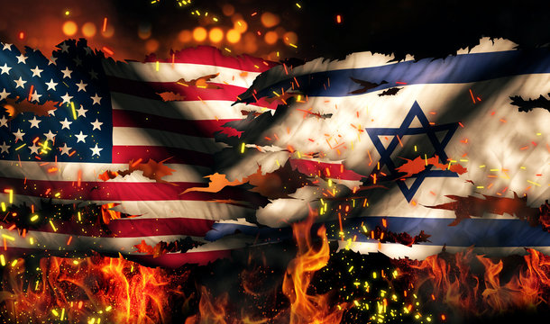 USA Israel National Flag War Torn Fire International Conflict 3D